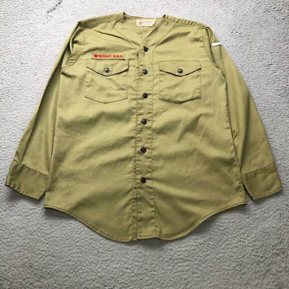 Vintage 70s Boys Scouts of America BSA Uniform Men Small Shirt Green Long Sleeve - Picture 1 of 12